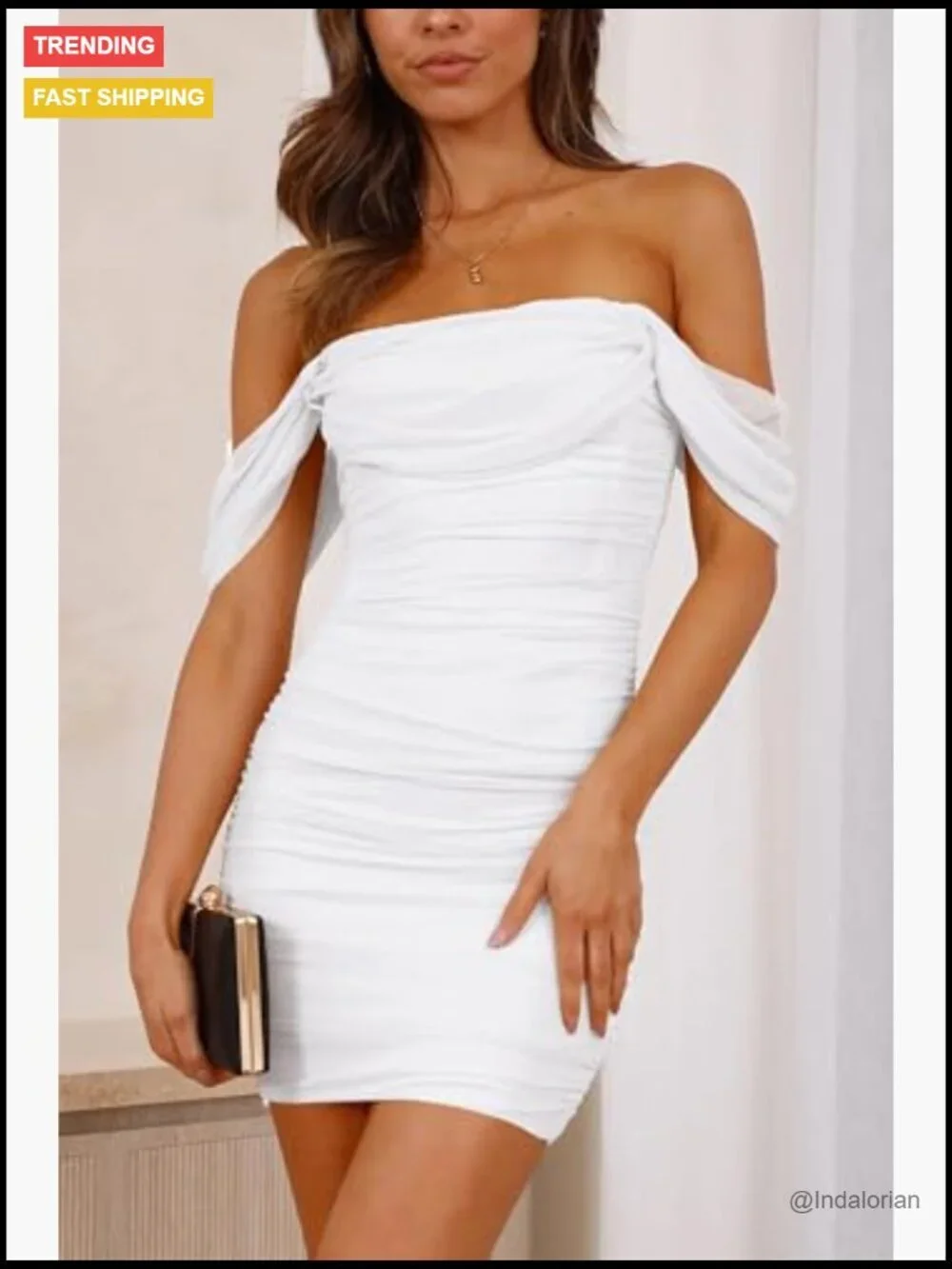 Off Shoulder Bodycon Mini Dress, Ruched Backless Design, Polyamide Shell